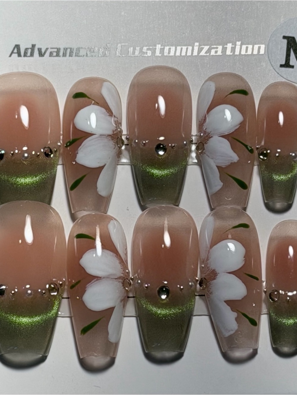 Floral Nude & Green Press-On Nails — Hand-Painted White Flower Design
